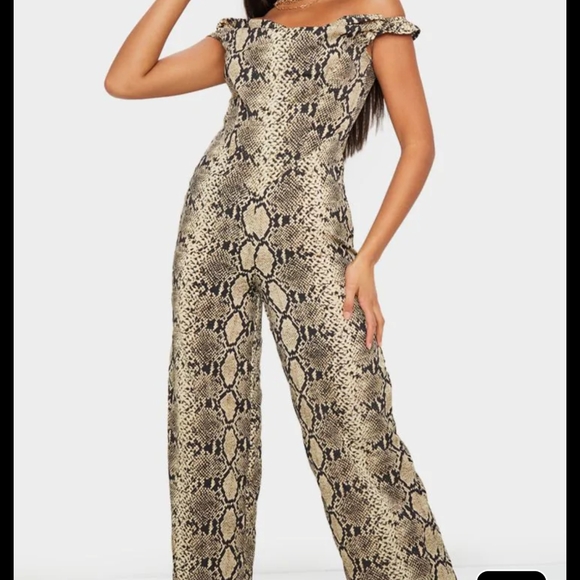 SNAKE PRINT CORSET BARDOT JUMPSUIT - Picture 2 of 7